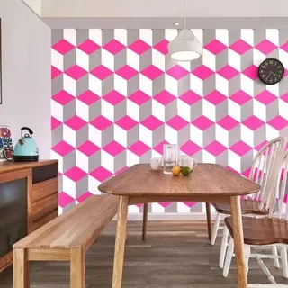 WALLPAPER STIKER DINDING MOTIF KOTAK KUBUS PINK 3D