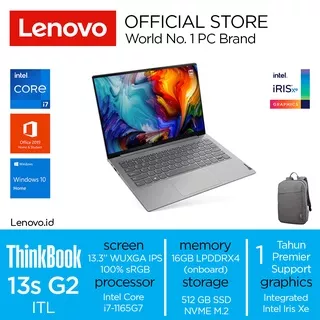 Lenovo ThinkBook 13s G2 ITL 46ID OHS i7 1165G7 Win10 Home 16GB 512GB SSD 13.3 WUXGA IPS Intel Iris Xe Backlit Fingerprint Laptop Bisnis Ringan Tipis Modern 20V90046ID Mineral Grey