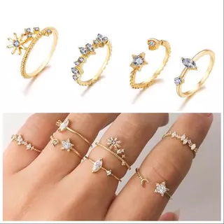 Set Cincin Vintage Gold Crystal Ring Set Bohemian Moon Star Rings Women Finger Ring Wedding Jewelry