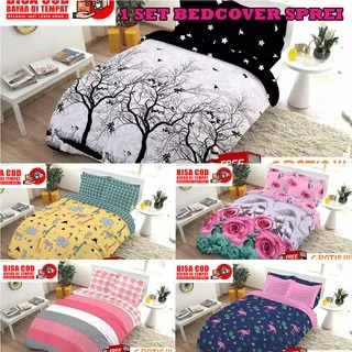 (COD) BEDCOVER SET SPREI MOTIF LOVE FLAMINGO BUNGA VINTAGE ELEGANT LOVE PINK BAHAN ADEM TIDAK LUNTUR