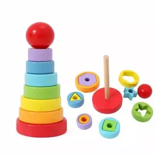 Mainan Kayu Edukasi Anak Rainbow Tower + Shape Matching