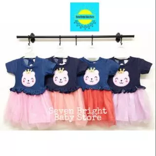 [ Seven Bright Baby ] Baby Kaos Jeans Dress Tutu Pinky Bear 1 - 2 Tahun Bahan Adem Nyaman