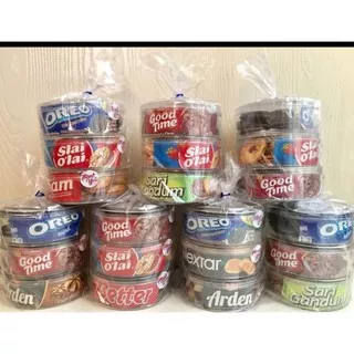 parsel lebaran biskuit mini isi 3 toples 250gr bisa milih biskuit,Oreo,nextar,slay Olay,sari gandum