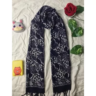 Syal Batik Cap Scarf Leher Fashion Outdoor Murah - Selendang Wanita Rayon Terbaru Biru Dongker COD