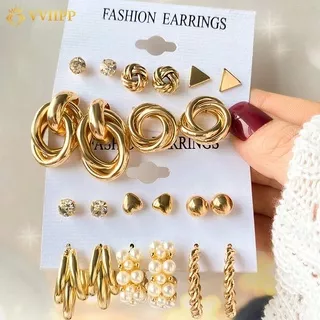 Luxury Pearl Gold Earrings Set Butterfly Star Stud Earrings Round Square Hoop Earrings Trend Women Jewelry Accessories