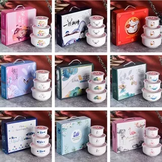 AGB - ABOWL8800 Mangkok Keramik kedap udara / Mangkok 1 Set isi 3 Pcs / Mangkok Bermotif Import