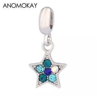 Fashion Blue Crystal Pentagram Charm fit Bangle Bracelet Round Hole Star Beads for Child DIY Jewelry