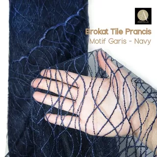 1/2 meter Kain Brokat Tile Premium Prancis Bahan Kebaya Motif Garis Warna Navy Blue