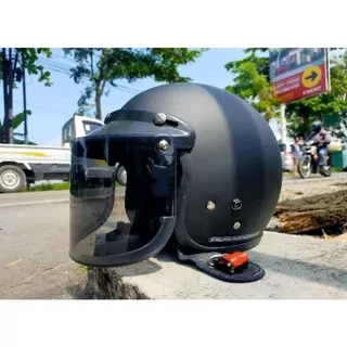 HELM CARGLOSS RETRO HITAM DOFF FULL LEHER KACA DATAR (ONGKIR 1KG)