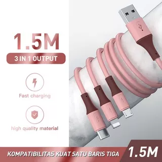 ?READY? 3A fast charging Cable / 3 in 1 data cables 1.5M with Micro  Data USB TO TYPE-C Android Kabe lightning Charging  pink