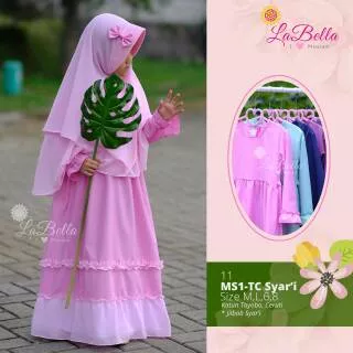 Gamis anak// baju anak// dress anak muslim labella set jilbab toyobo pink untuk 3-9 tahun