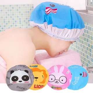 Shower Cap Kartun / Waterproof Elastic Lace Shower Bouffant Hair Bath Cap Penutup Rambut Plastik Kar