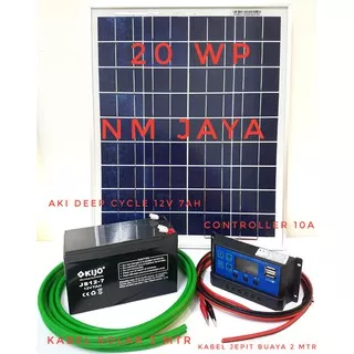 Paket Hemat Solar Cell 20WP Solar Panel 20WP DKD atau GREENTEK Solar Controller 10A dan Aki 12V 7AH