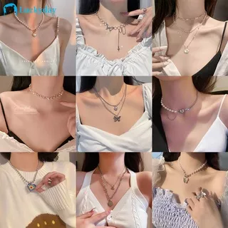 Korean Elegant Pearl Choker Chain Necklace Fashion Beads Necklace Butterfly Heart Multilayer Pendant Necklace for Women Accessories Jewelry Gift
