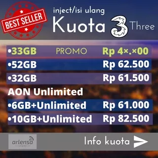 Paket data internet kuota tri 3 three | 33GB, 32GB | Unlimited 52GB 6GB 10 GB | AON 8GB