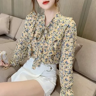 Baju Atasan Blouse Wanita Top Atasan Blouse Kemeja Deandra Muslim Wanita 2In1 Fashion Remaja Blouse Korean Style Kekinian Termurah Terlaris Fashion Korea Style Lengan Panjang Blus Wanita Musim Panas Casual Blouse Motif Bunga Bahan Sifon Warna Pink Ata