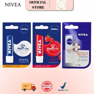 NIVEA Lip Care Lip Balm Fruity Shine Strawberry Lip Balm / Lip Balm Original Essential Care  / Shoothe & Protect 4.8gr