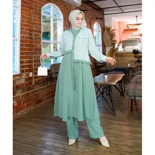 Setelan Muslim Wanita Jumbo Katun Salur/Hanum Set 3in1/Set Muslim Wanita Terbaru/One Set 3 In 1 Produk Terbaru Outfit Muslimah/Gamis Malaysia Model Terbaru/ikoha