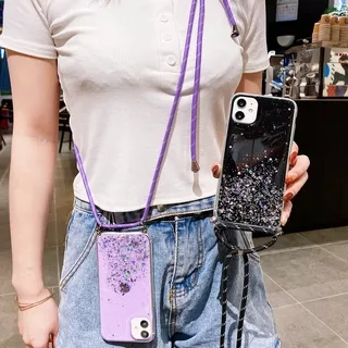 Case Samsung A7 2018 A10s A20s A30s A50s A20 A30 A50 A10 A70 J2 J5 J7 Grand Prime Glitter Transparent Black Purple Pink Color Soft Phone Casing With Adjustable Long Crossbody Strap Lanyard Rope Tali Cover For Untuk Galaxy Woman Lady Girl Ready Stock