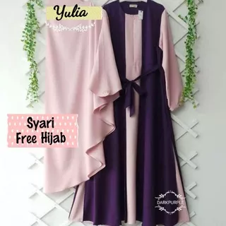 Yulia Set FREE HIJAB - Bisa COD Gamis Baju Dress Wanita Syari Busui Muslim Wanita Kondangan Nikahan Seragaman Hijab Kerudung Renda Bawah Tali Pinggang Pita Warna Polos Ungu Tua Purple Hijau Army Dusty Pink Hitam Maroon Coklat Muda Tua Coksu Milo Mocca