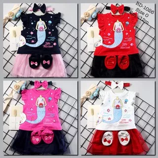 Setelan Dress Bayi 3 In 1 Atasan Dan Rok Tutu Lucu FREE Bandana Dan Sepatu Lucu Usia 6-12 Bulan