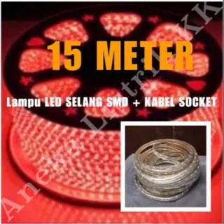 LAMPU LED STRIP SELANG SMD 5050 15M MERAH 220V 15 M Meter OUTDOOR RED Plus Kabel No Kedip