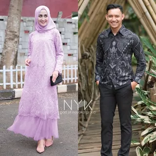 Batik Couple Arsya Maxi Tulle Mutiara | Couple Gamis Kondangan Lamaran | Sarimbit Batik Couple Muslim | Gamis Couple Edisi Lebaran