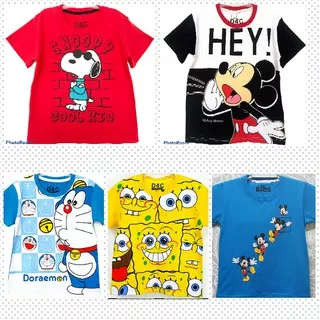 Baju Kaos Tshirt T-shirt Atasan Anak Laki Laki Cowok Perempuan Cewek motif unisex karakter kartun Doraemon Snoopy usia 1 2 3 4 5 6 7 8 910 tahun promo murah