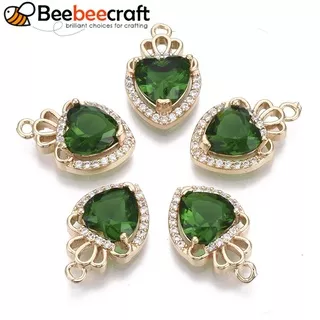 Beebeecraft 2pc Glass Pendants with Micro Pave Cubic ia and Brass Open Back Settings Faceted Heart with Crown Light Gold Green 17.5x11.5x5.5mm Hole: 1.4mm