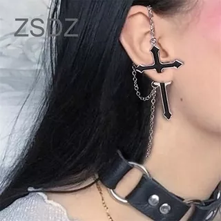 Bhy Anting Gantung Panjang Kait Fashion Gaya Punk Motif Salib + Rantai + Resleting Untuk Pria / Wanita
