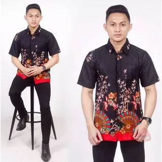 Baju Hem Batik Pria Lengan Pendek Black Size M,L,XL Satya 213