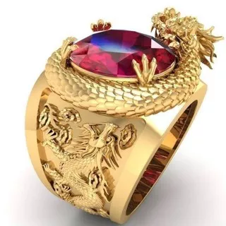 Cincin Naga Gold Batu Merah / Cincin Pria Naga Warna Emas / Red Stone Dragon Ring For Men