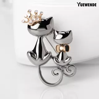 [Yue] Fashion Jewelry Shiny Rhinestone Cute Double Cats Kitten Crown Brooch Pin Gift