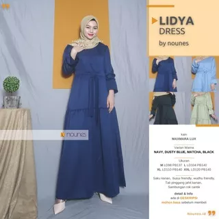 Gamis Wanita NOUNES LIDYA Plain Dress Polos Stylish Maxmara Lux Premium Saku Kanan Busui Friendly Tali Serut Pinggang Depan Terbaru Kekinian Ori Original Warna Navy Dusty Blue Matcha Hijau Black Hitam - Size M L XL XXL LD 98 104 110 Jumbo 120