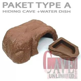 Paket HC A hiding cave + water dish rumah tempat sembunyi makan minum reptil gecko kadal tokek dll