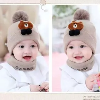 TOPI RAJUT KUPLUK BAYI TELINGA MOTIF BERUANG / BEAR TOPI KUPLUK