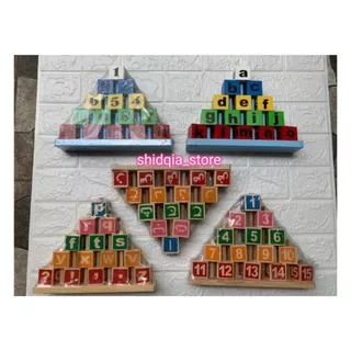 Mainan Kayu Edukasi Menara Balok Susun Piramid hijaiyah, angka dan huruf bahan pinus & warna anak TK (PAUD)