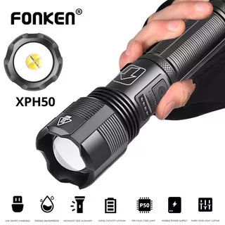 FONKEN Rechargeable LED Flashlight USB Torch Light XHP50 Most Powerful Tactical Flashlight 18650 Battery Bright Waterproof Zoom Hand Lamp