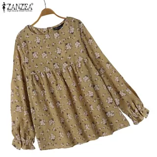 ZANZEA Women O Neck Long Flare Sleeve Printed Elastic Cuff Casual Blouse