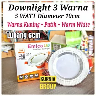 Emico Downlight LED Panel Light Lampu 3 Warna 5 Watt Ganti Warna Bulat Cahaya Terang Downligt Plafon Tanam Inbow Tri Color Putih Kuning Warm White Multi Warna Plavon PVC Gypsum In bow 5watt Drop Ceiling Lampu Pojok Termurah Panel High Light SNI