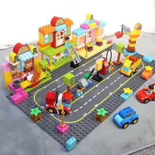 Large Particles City Road Street Baseplate Straight Curve Building Blocks Duplo Compatible Bricks Base Plate Children Toys