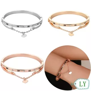 LY Luxury Roma Letter Women Cuff Bangles Heart Dangle Bracelet Charm Rose Gold Jewelry Forever Love Stainless Steel/Multicolor