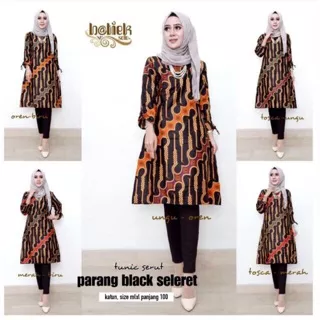 TUNIC SERUT PARANG BLACK SELERET/TUNIK BATIK SOGAN WARNA/DRESS BATIK MIDI MUSLIM/SERAGAM BATIK