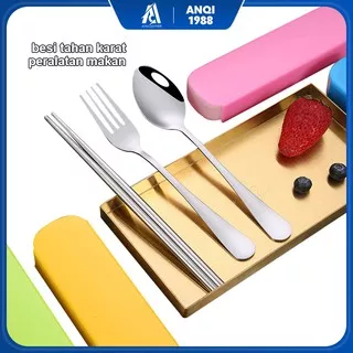 ANQI 1988 _ 3Pcs Set Alat Makan Sendok Garpu Sumpit /Stainless Steel Spoon Fork Chopsticks