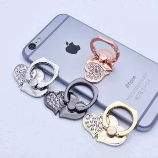 Heart-shaped Diamond Double Love Metal Ring Buckle with Diamond Back Stick Phone Stand