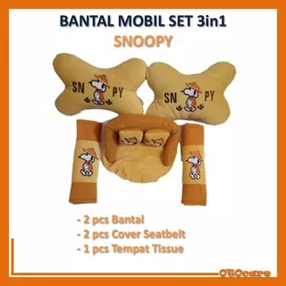 Bantal Mobil SNOOPY Set 3in1 Bantal Mobil Cover Seatbelt Tempat Tissue Karakter Snoopy