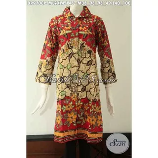 Aneka Dress Batik Wanita Buatan Solo Modis Model Krah Lengan 7/8 Kancing Depan Size XL DR 9700 P