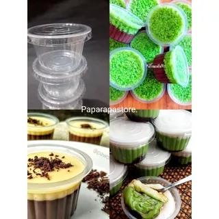 CUP PUDDING GELAS PLASTIK ULIR FLAMBOYAN DENGAN TUTUP BENING UKURAN 120 ML MERK MERAK ISI 50 PCS TEMPAT KEMASAN AGAR-AGAR PUDING LUMUT CUP CAKE