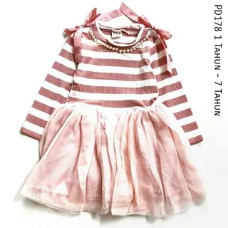 PD178 Dress anak Pink Stripe Tutu Pita