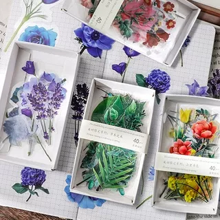 40 Pcs Transparent Artificial Plant Series PET Stickers with Box Mixed-Pattern Deco Stickers